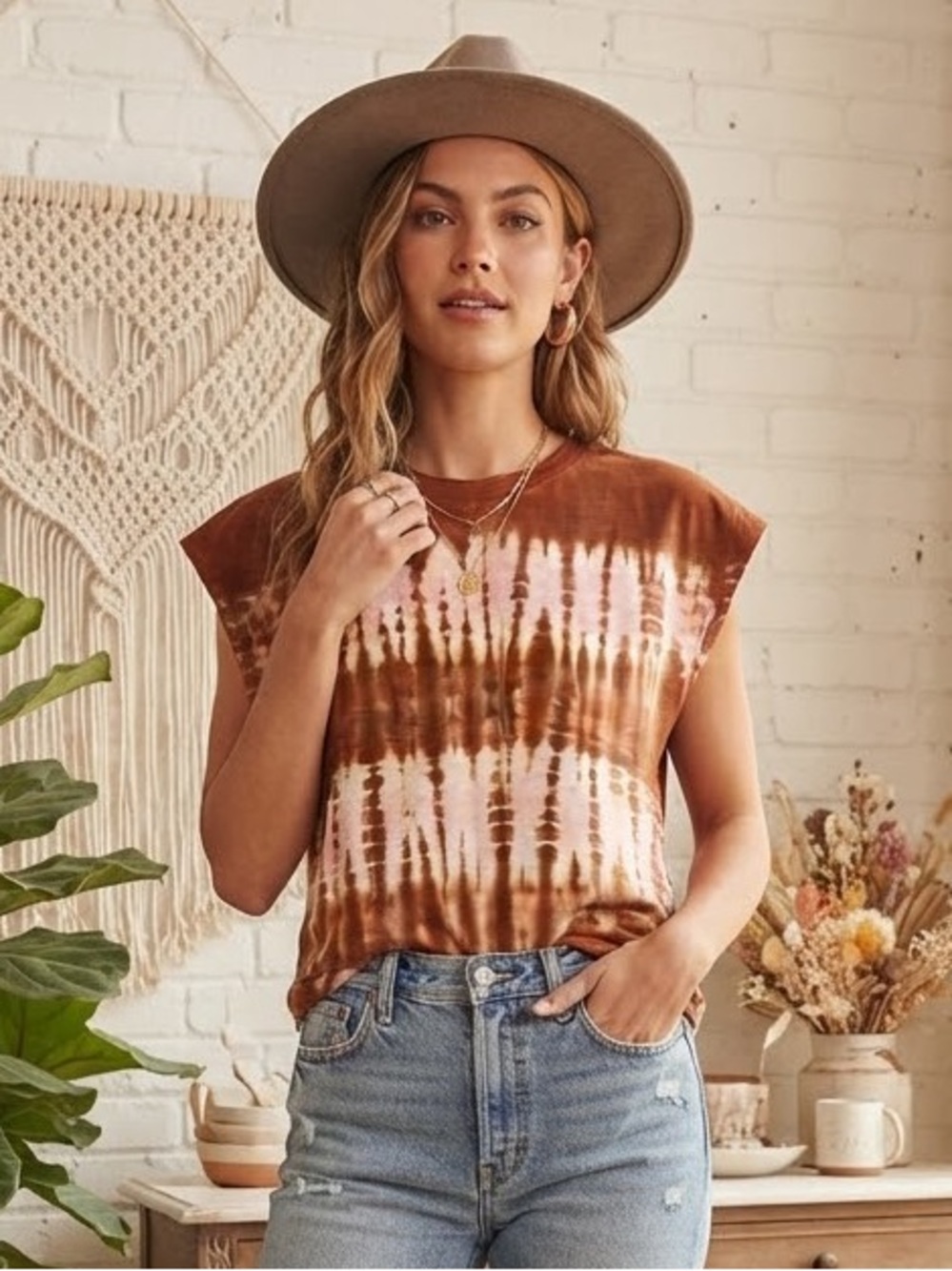 Universal Thread Brown and Pink Tie-Dye Cap Sleeve Tee